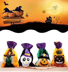 Detailed view of Halloween drawstring gift bags with wizard, skull, pumpkin, and black cat motifs