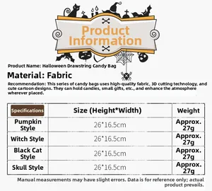 Detailed chart showing Halloween candy bag dimensions 26x16.5cm and cloth material specs