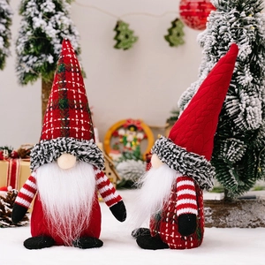 Detail showing two Christmas gnomes with plaid and knit hats on a festive background