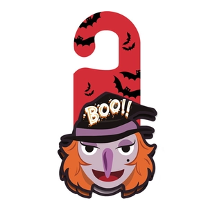Appendino per porta di Halloween con strega, capelli arancioni e scritta Boo sul cappello