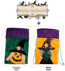 Detail of Halloween drawstring bags featuring pumpkin and witch embroidery patterns