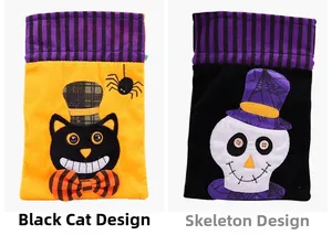 Detail view of Halloween drawstring gift bags featuring black cat and skull designs