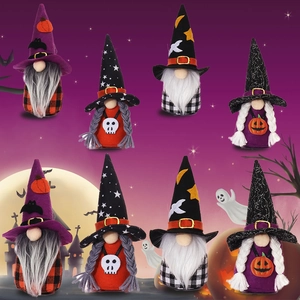 Set di gnomi di peluche per Halloween con cappelli da mago per decorazione di vetrine festive