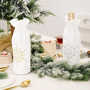 Set of 2 white velvet Christmas wine bottle covers with pearl snowflake embroidery decor