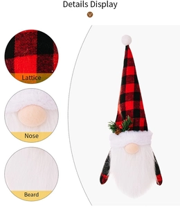 Detail of Christmas gnome wine bottle cover with red lattice hat and faux fur beard texture