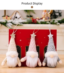 Close-up of knit Christmas gnome ornaments with sequin stars and white faux fur beards