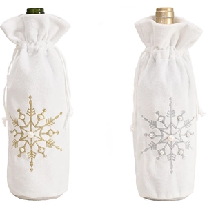White velvet Christmas wine bottle covers with gold and silver snowflake pearl embroidery