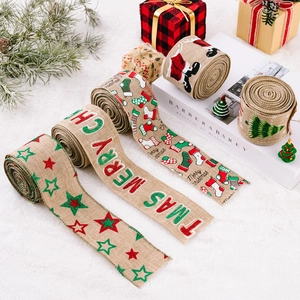 5-pack Christmas burlap ribbons with assorted festive prints for gift wrapping decor