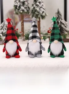 Three festive Christmas gnomes in red, grey, and green buffalo plaid with star details