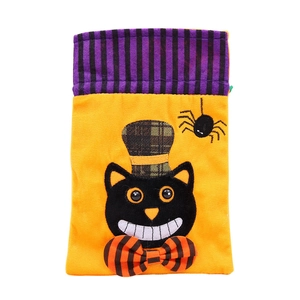 Halloween cloth drawstring gift bag featuring a black cat with a spider web design