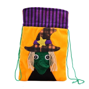 Halloween witch drawstring gift bag in orange velvet with 3D character design