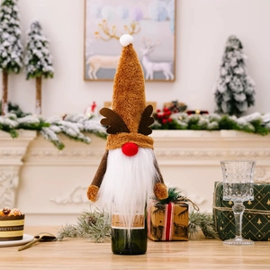 Christmas gnome wine bottle cover with brown reindeer antlers and white plush beard decor