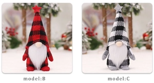 Close-up of model B and C Christmas gnomes with plaid hats and long white beards