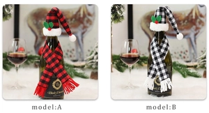 Detail of Christmas plaid wine bottle covers featuring mini hats and scarves in two colors