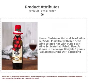 Close-up of Christmas wine bottle decoration featuring a red mini hat and plaid scarf