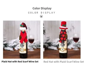 Close-up of festive Christmas wine bottle decor with red hats and plaid scarves