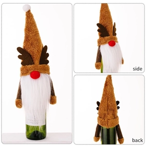 Christmas gnome wine bottle cover with reindeer antlers and white beard in three views
