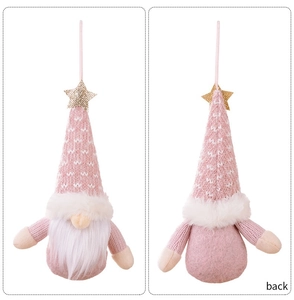 Front and back view of pink knitted Christmas gnome hanging ornament with glitter star