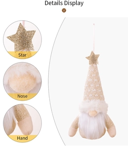 Detail of Christmas gnome plush with star sequin, knit hat and soft white beard decor