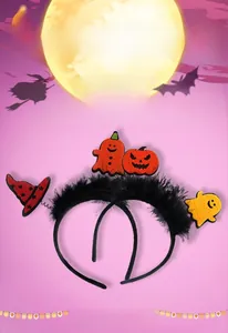 Detail of Halloween headband with spring-loaded pumpkin, ghost and wizard hat icons
