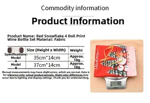 Detailed size chart for fabric Christmas wine bottle covers with gnome and snowflake prints