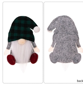 Front and back view of a plaid Christmas gnome holder with a white beard and green hat