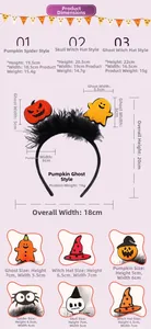 Detailed sizing chart for Halloween headbands with pumpkin and ghost motifs