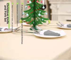 Mini gray non-woven Christmas hat cutlery holder for festive table decor and silverwares