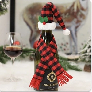 Christmas wine bottle cover set with red plaid mini Santa hat and matching scarf decor