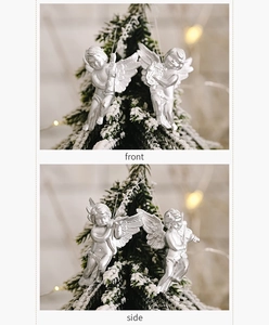 Detail view showing front and side of silver angel ornaments for Christmas tree decor