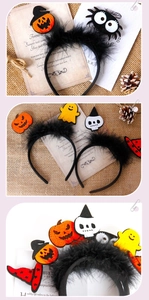 Detail of Halloween headbands with plush feathers and felt pumpkin ghost spider motifs