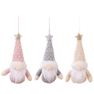Three Christmas gnomes hanging decorations with knitted hats and white plush beards