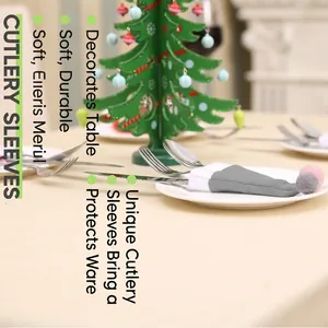 Grey and white non-woven Christmas hat cutlery holders for holiday table decor