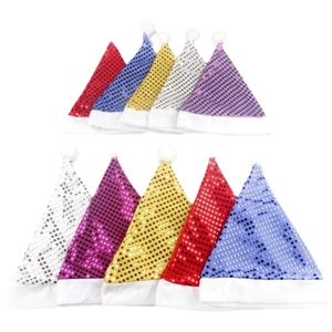 Bonnets de Noël colorés à paillettes en cinq couleurs avec bordure en peluche festive