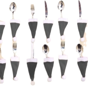 Mini Christmas hat cutlery holders in grey and white for festive holiday table settings
