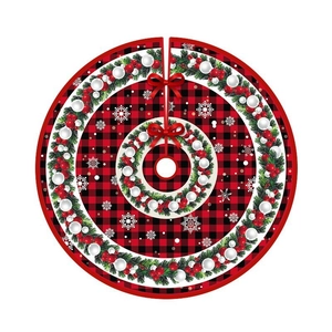 Red and black buffalo plaid Christmas tree skirt with festive pine branch and berry motifs