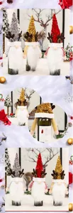 Close-up of sequined gnome wine bottle covers with reindeer antlers and long white beards