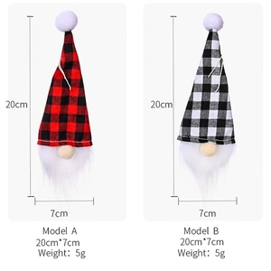 Detailed view of red and black buffalo plaid Christmas gnome wine bottle covers