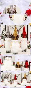 Detail of Christmas wine bottle cover with sequin hat reindeer antlers and white faux fur gnome