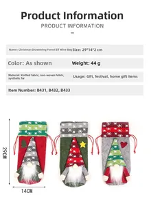 Detailed size specifications for Christmas gnome wine bottle covers in red, green and grey