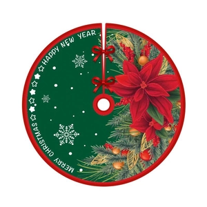 Green Christmas tree skirt with poinsettia prints and Merry Christmas text