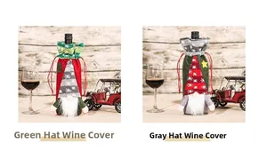 Detail of Christmas gnome wine bottle covers in green and grey knit fabric with white beards