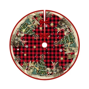 Round Christmas tree skirt with red buffalo plaid border and vintage festive illustrations