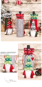 Detail of Christmas gnome wine bottle covers with knitted snowflakes and drawstring