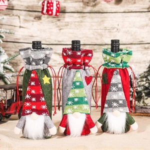 Christmas Gnome Wine Bottle Cover Knitted Fabric Drawstring Forest Man Wine Bags Red Green Gray Snowflake Table Decor