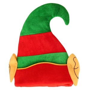 Detailed view of striped Christmas elf hat with soft plush texture and yellow 3D ears