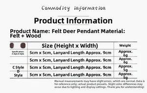 Size chart showing material and dimensions for the felt deer Christmas tree pendant