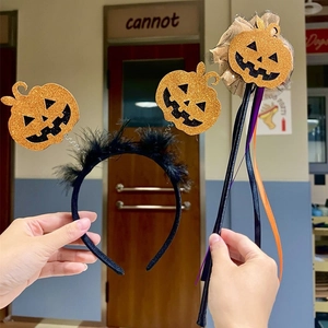Halloween pumpkin headband and wand set with orange sequins and black feathers for parties