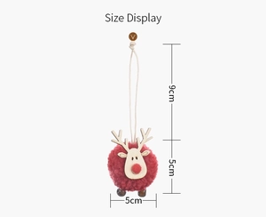 Size details of a felt reindeer ornament with dimensions of 5cm by 5cm and 9cm hanging cord