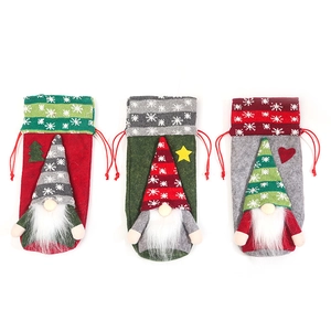 Christmas gnome wine bottle gift bags with drawstring knitted forest man design set of 3